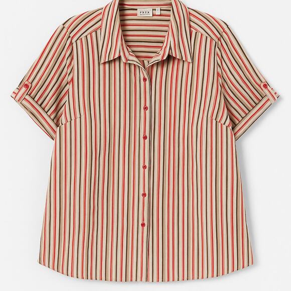 Erika Woman 2X Red Beige Stripe Button Front Short Sleeve Shirt - Picture 2 of 5